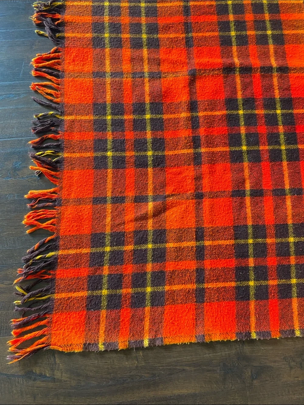 Vintage Faribo Wool Plaid Tartan Fringe Red/Orange Brown & Yellow Throw Blanket